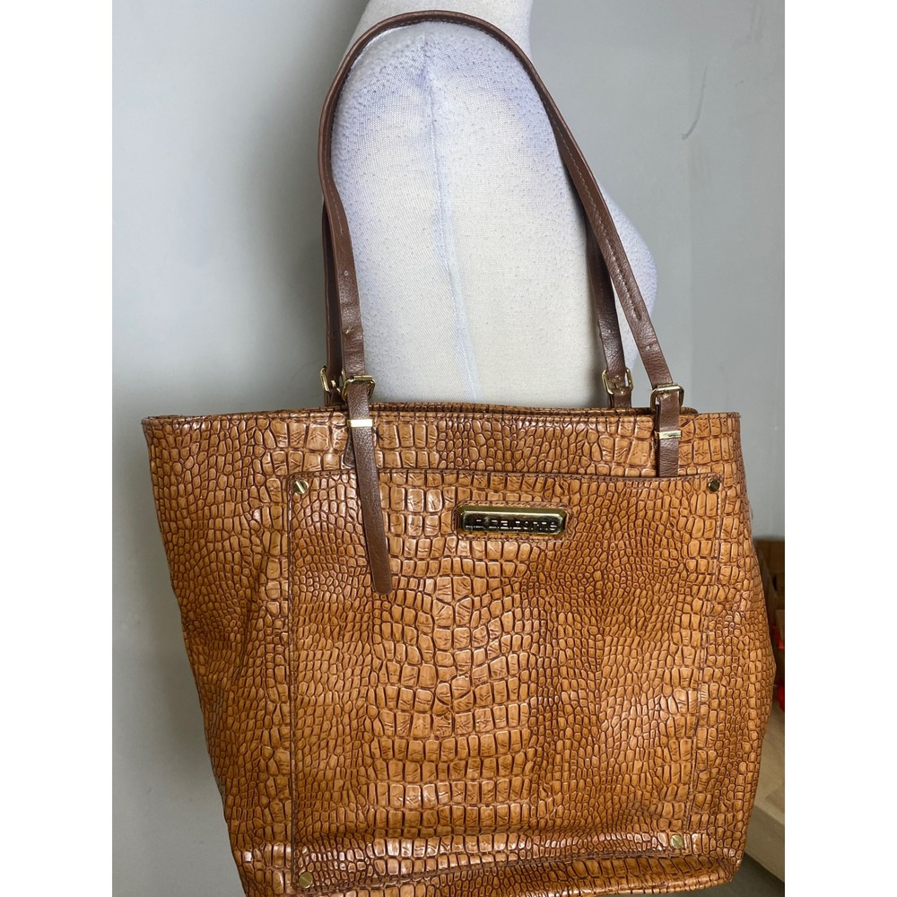 Liz Claiborne Tan Croc Embossed Tote Bag Y2K Faux Leather Shoulder Bag Brown